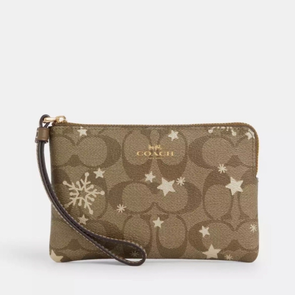 Coach Tan and Gold Wristlet with Star Pattern